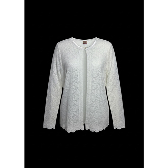 Tudor Court Sweaters - VTG 90s Tudor Court White Coquette Scalloped Lace Top Button Cardigan SZ L